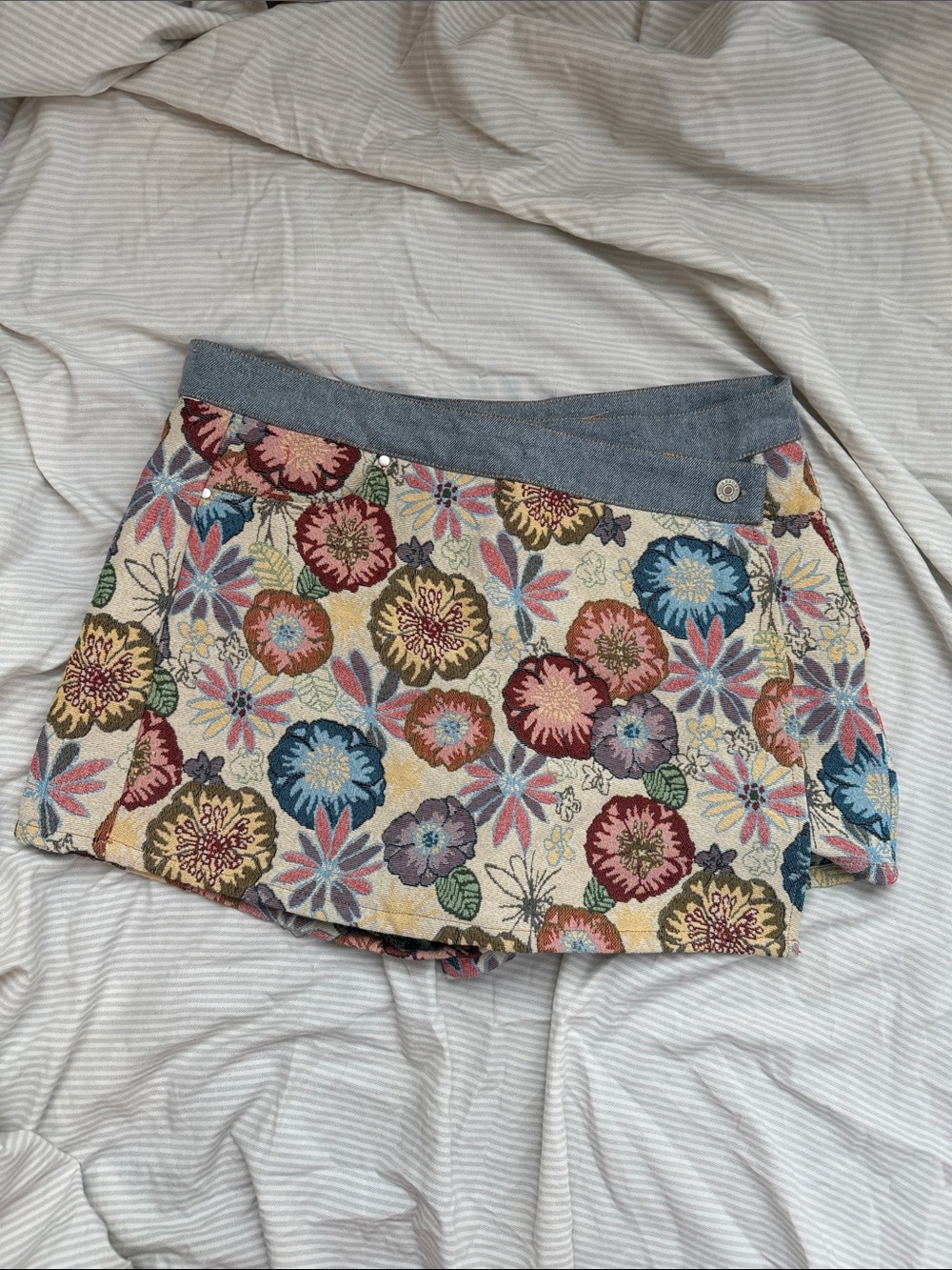 Floral jacquard denim wrap skirt/skort